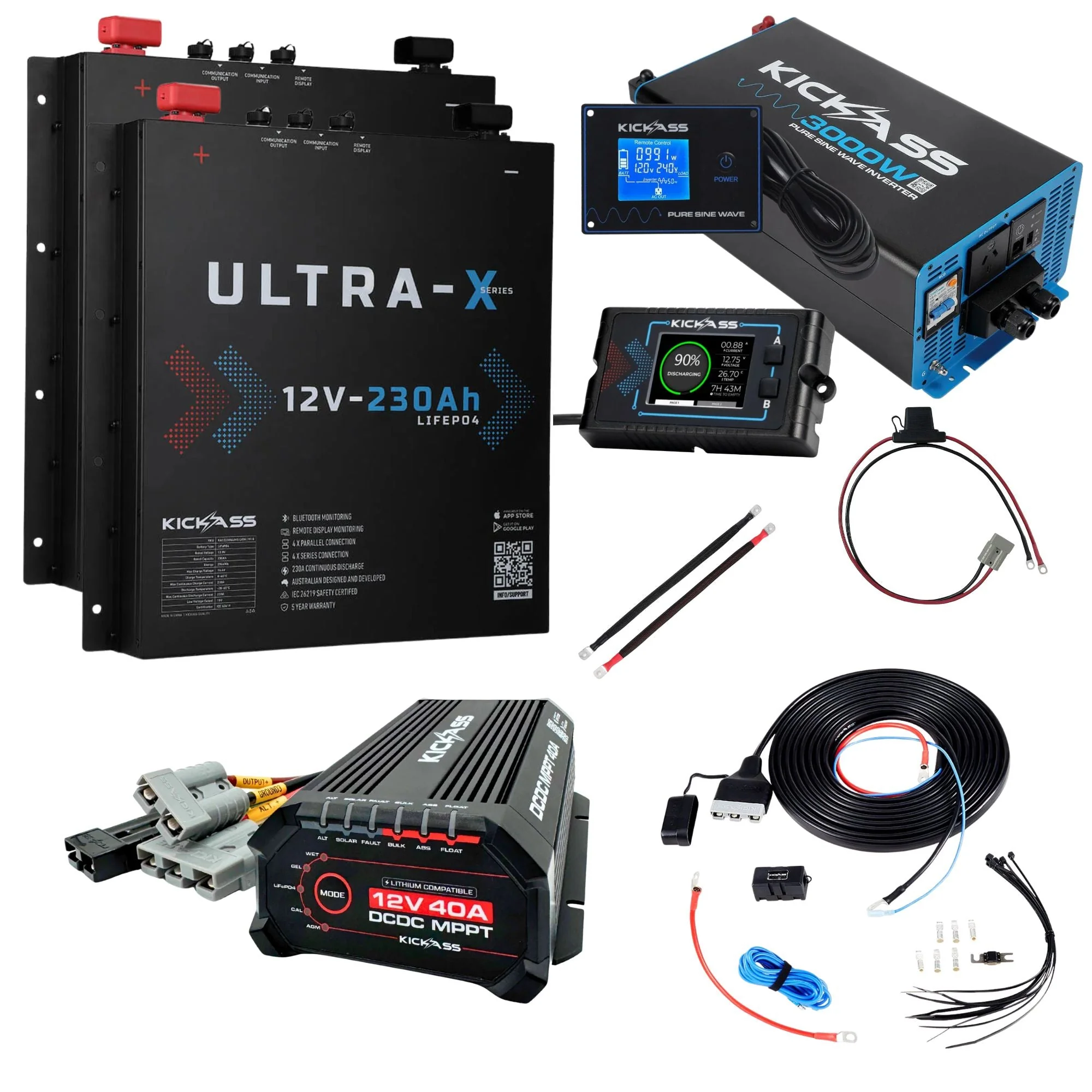 KickAss Twin 12V 230Ah Ultra-X Slimline Lithium Dual Battery Kit with 3000W Inverter, 40A DCDC Charger, Display Panel, Wiring - 460Ah Capacity