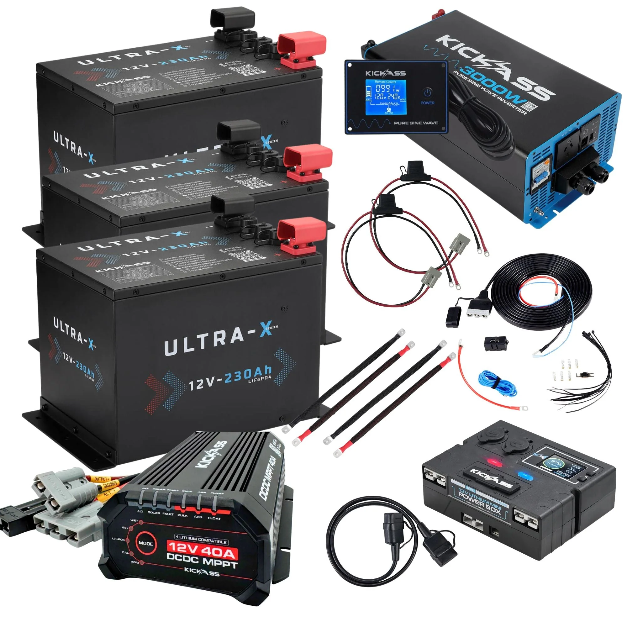 KickAss Triple 12V 230Ah Ultra-X Compact Lithium Dual Battery Kit with 3000W Inverter, 40A DCDC Charger, Control Box, Display Panel, Wiring - 690Ah Capacity