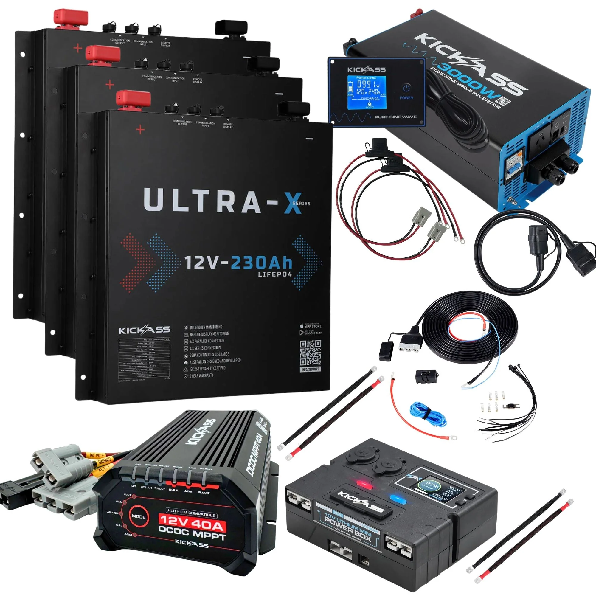 KickAss Triple 12V 230Ah Ultra-X Slimline Lithium Dual Battery Kit with 3000W Inverter, 40A DCDC Charger, Control Box, Display Panel, Wiring - 690Ah Capacity