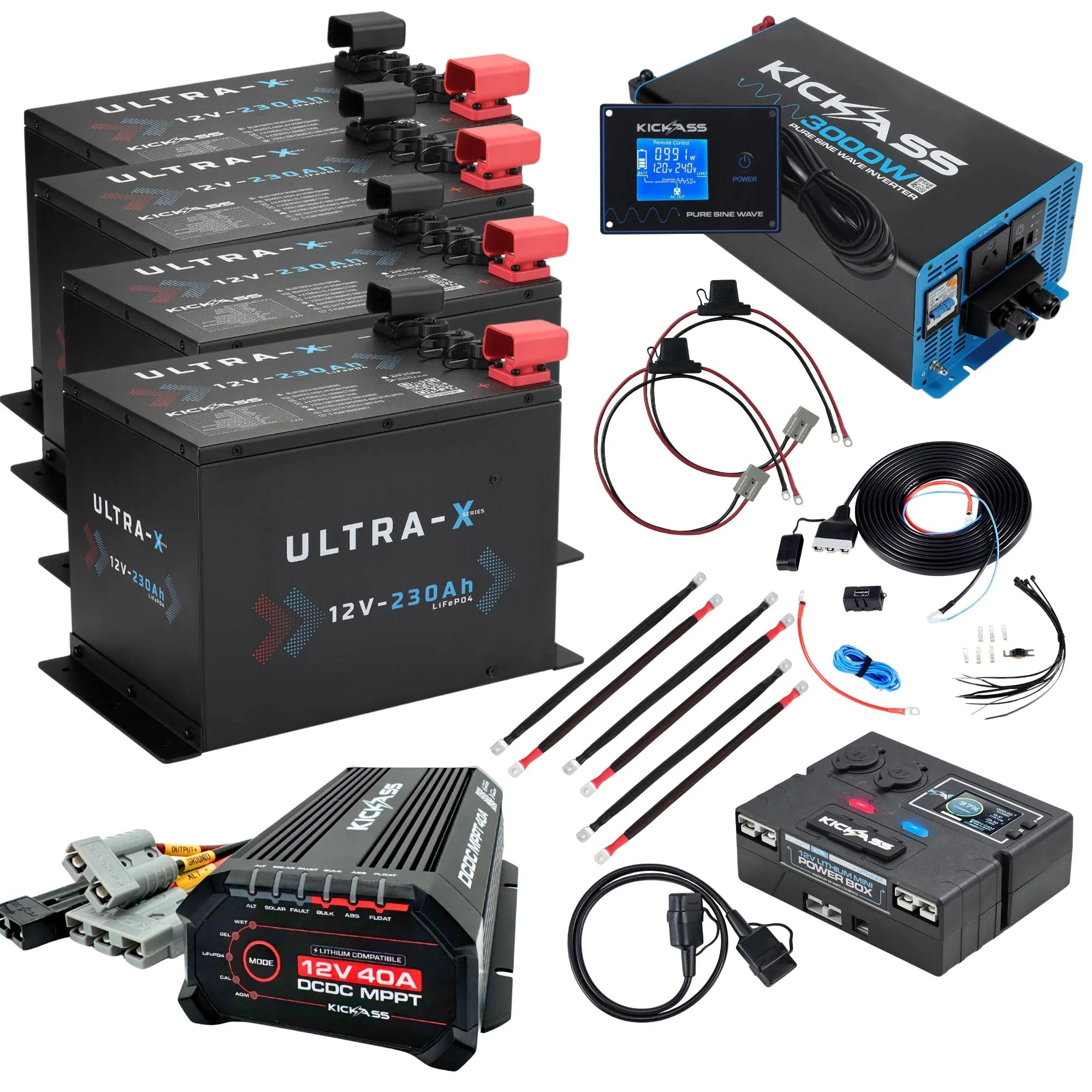 KickAss 4 x 12V 230Ah Ultra-X Compact Lithium Dual Battery Kit with 3000W Inverter, 40A DCDC Charger, Control Box, Display Panel, Wiring - 920Ah Capacity