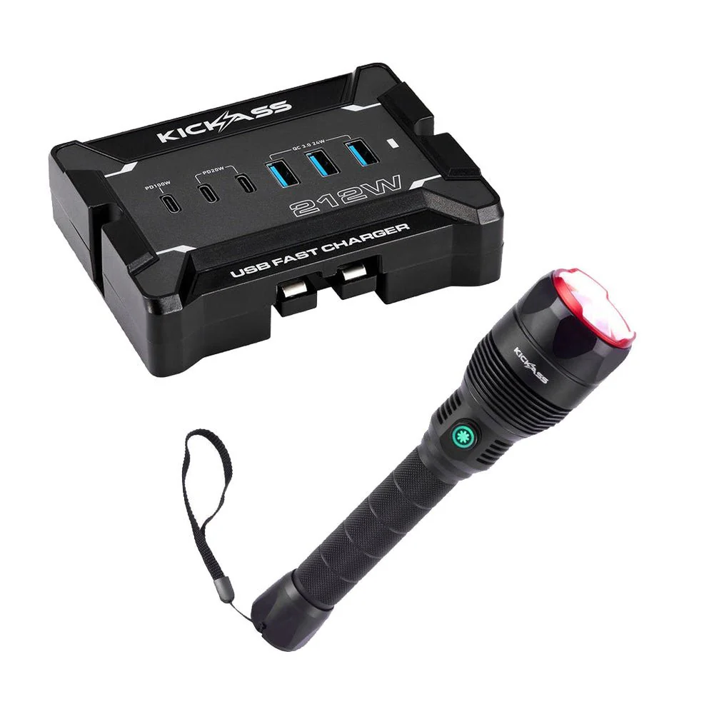 KickAss Ultra Zoom 1000 LED Flashlight + 12V Anderson To USB Fast Charger Bundle