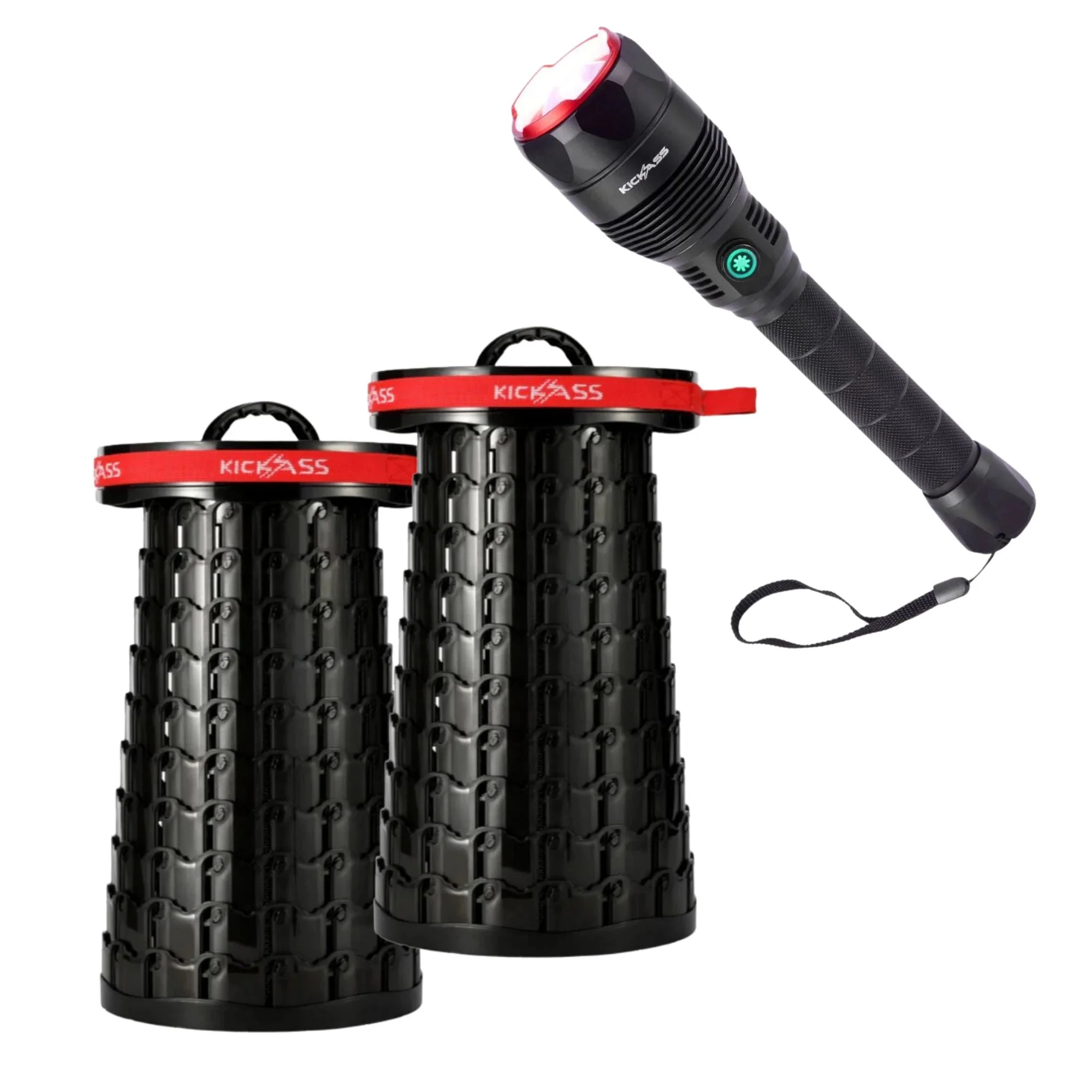 KickAss Ultra Zoom 1000 LED Flashlight + 2x Portable Pop Up Stools Bundle