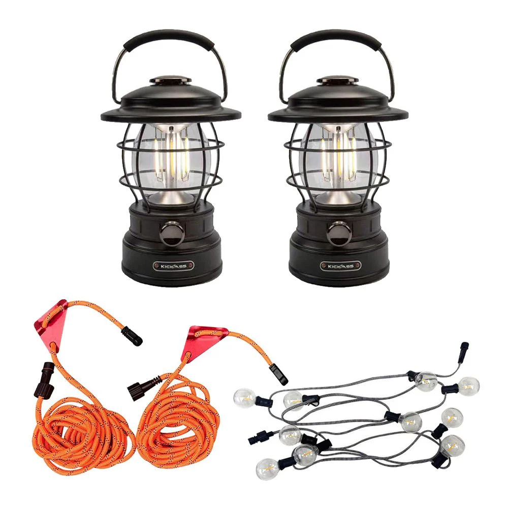 KickAss Vintage Camping Lantern Bundle with Outdoor Tie-Down Guy Rope LED Lighting Kit