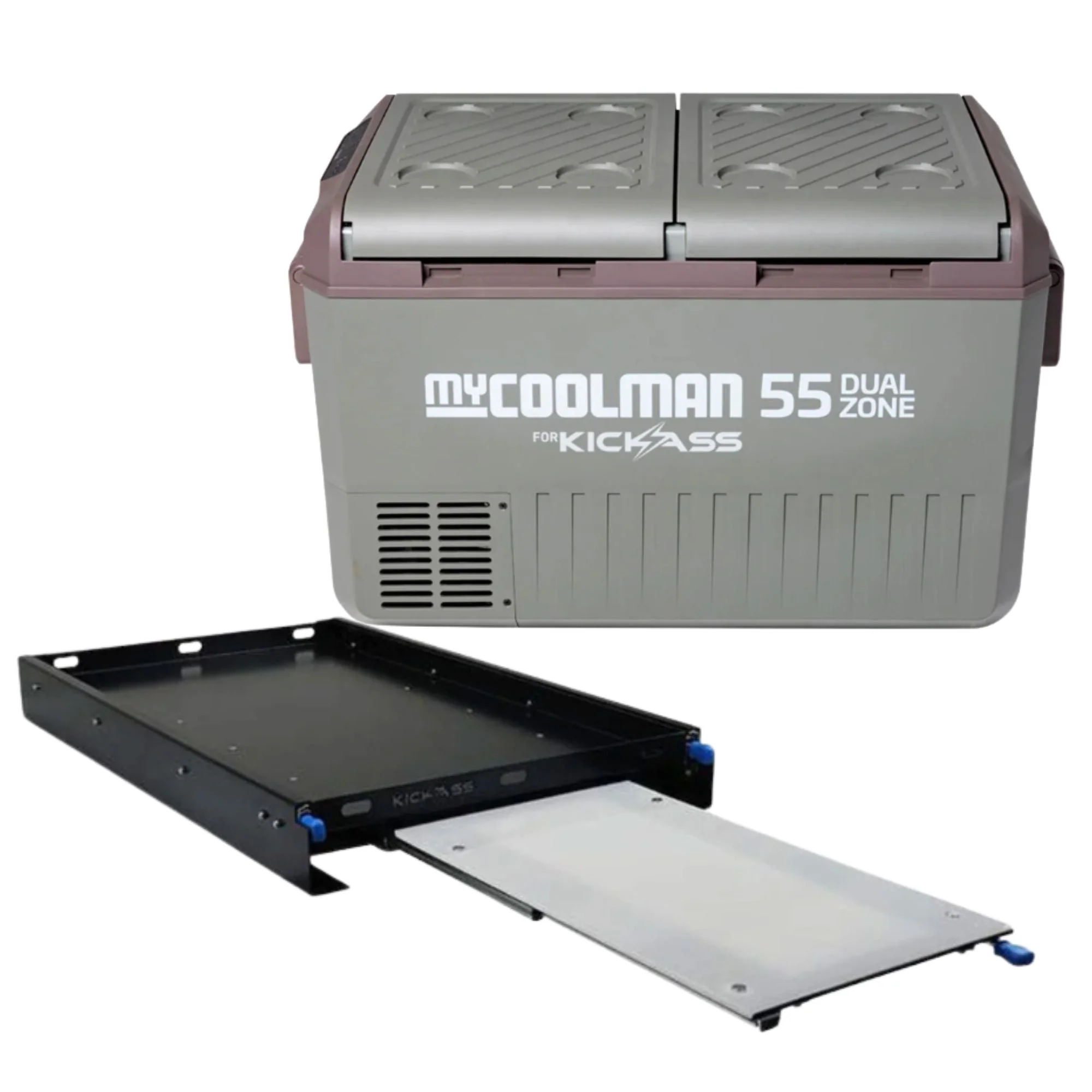 MyCoolman 55L Dual Zone Fridge + KickAss Fridge Slide Bundle